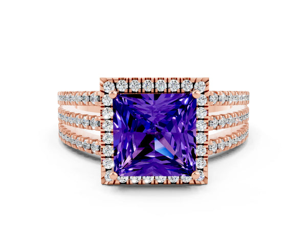 Rose gold Princess Cut Tanzanite Halo Engagement Ring with Split Shank and Four-Prong Setting