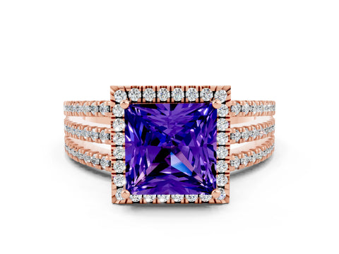 Rose gold {shape_name} Tanzanite Halo Engagement Ring with Split Shank and Four-Prong Setting