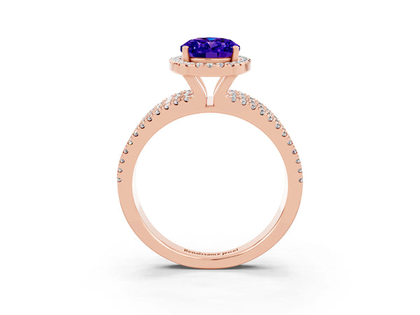 Rose gold Oval Cut Tanzanite Halo Engagement Ring with Split Shank and Four-Prong Setting