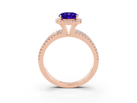 Rose gold {shape_name} Tanzanite Halo Engagement Ring with Split Shank and Four-Prong Setting_3