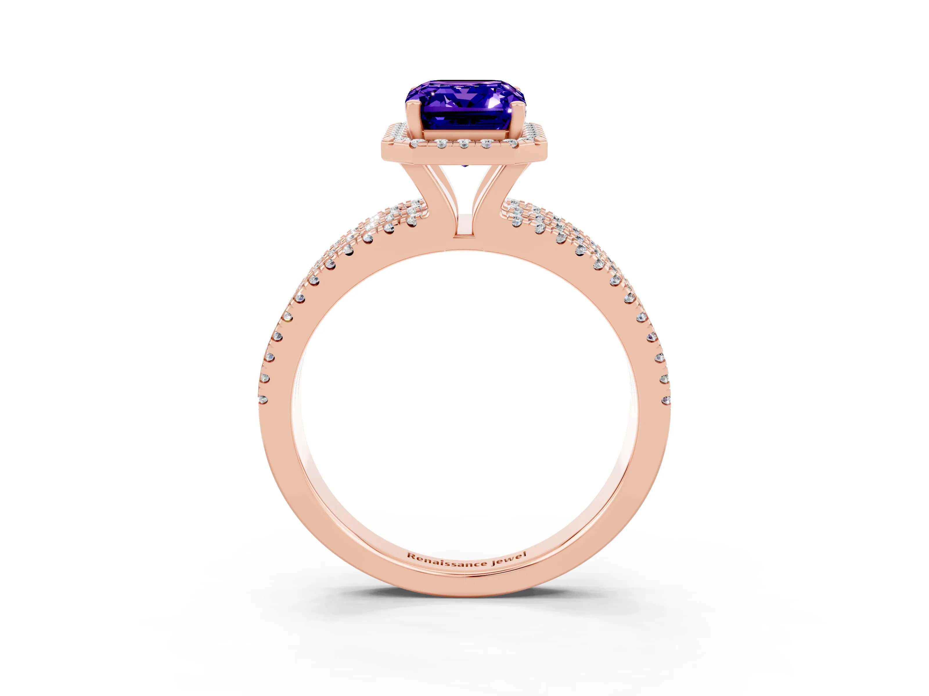 Rose gold {shape_name} Tanzanite Halo Engagement Ring with Split Shank and Four-Prong Setting_3
