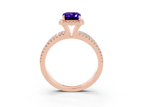 Rose gold Emerald Cut Tanzanite Halo Engagement Ring with Split Shank and Four-Prong Setting