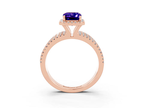 Rose gold {shape_name} Tanzanite Halo Engagement Ring with Split Shank and Four-Prong Setting_3