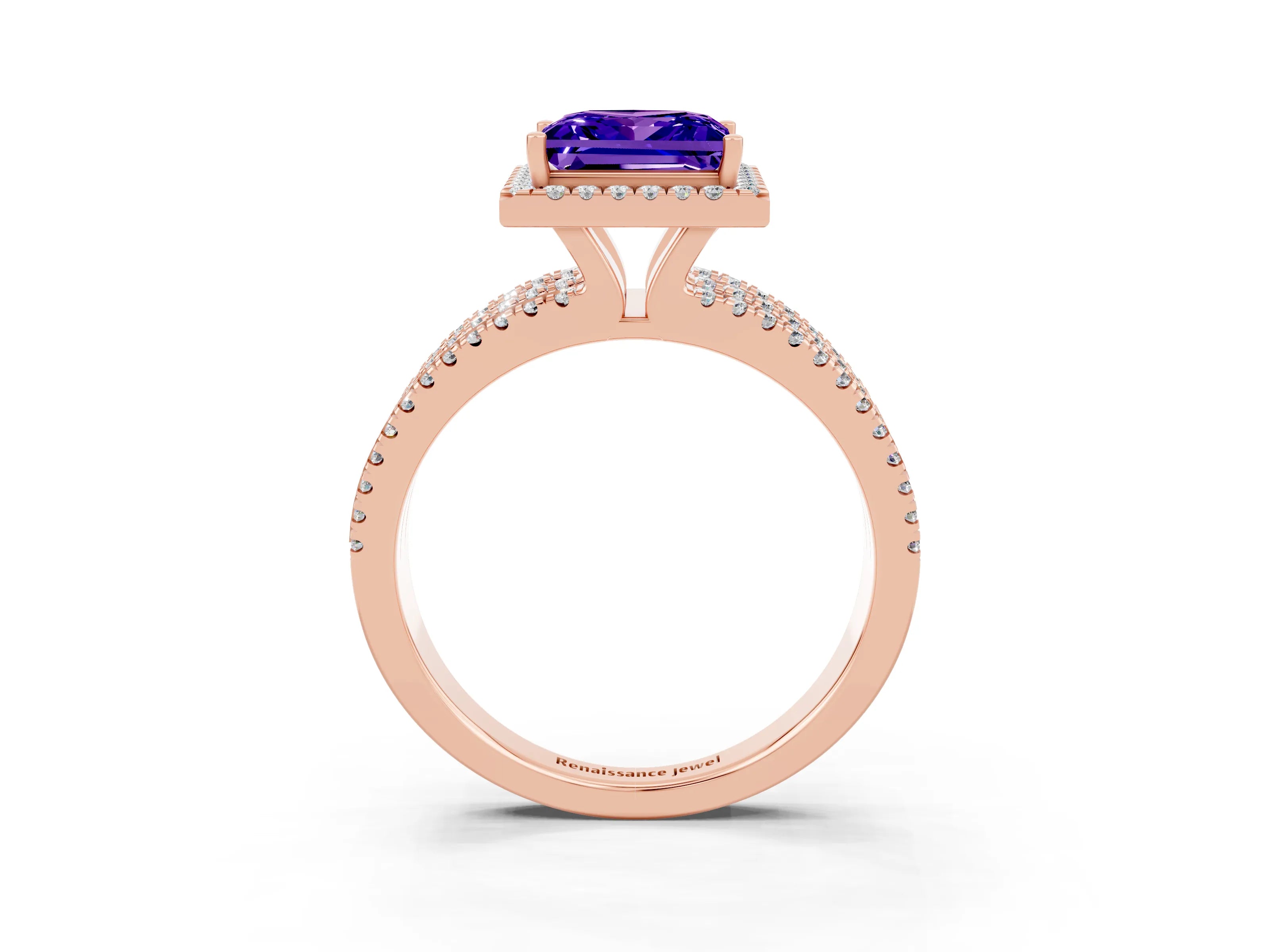 Rose gold {shape_name} Tanzanite Halo Engagement Ring with Split Shank and Four-Prong Setting_3