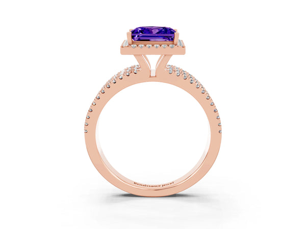 Rose gold Princess Cut Tanzanite Halo Engagement Ring with Split Shank and Four-Prong Setting