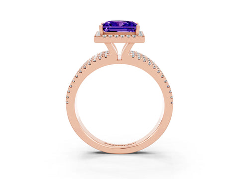 Rose gold {shape_name} Tanzanite Halo Engagement Ring with Split Shank and Four-Prong Setting_3