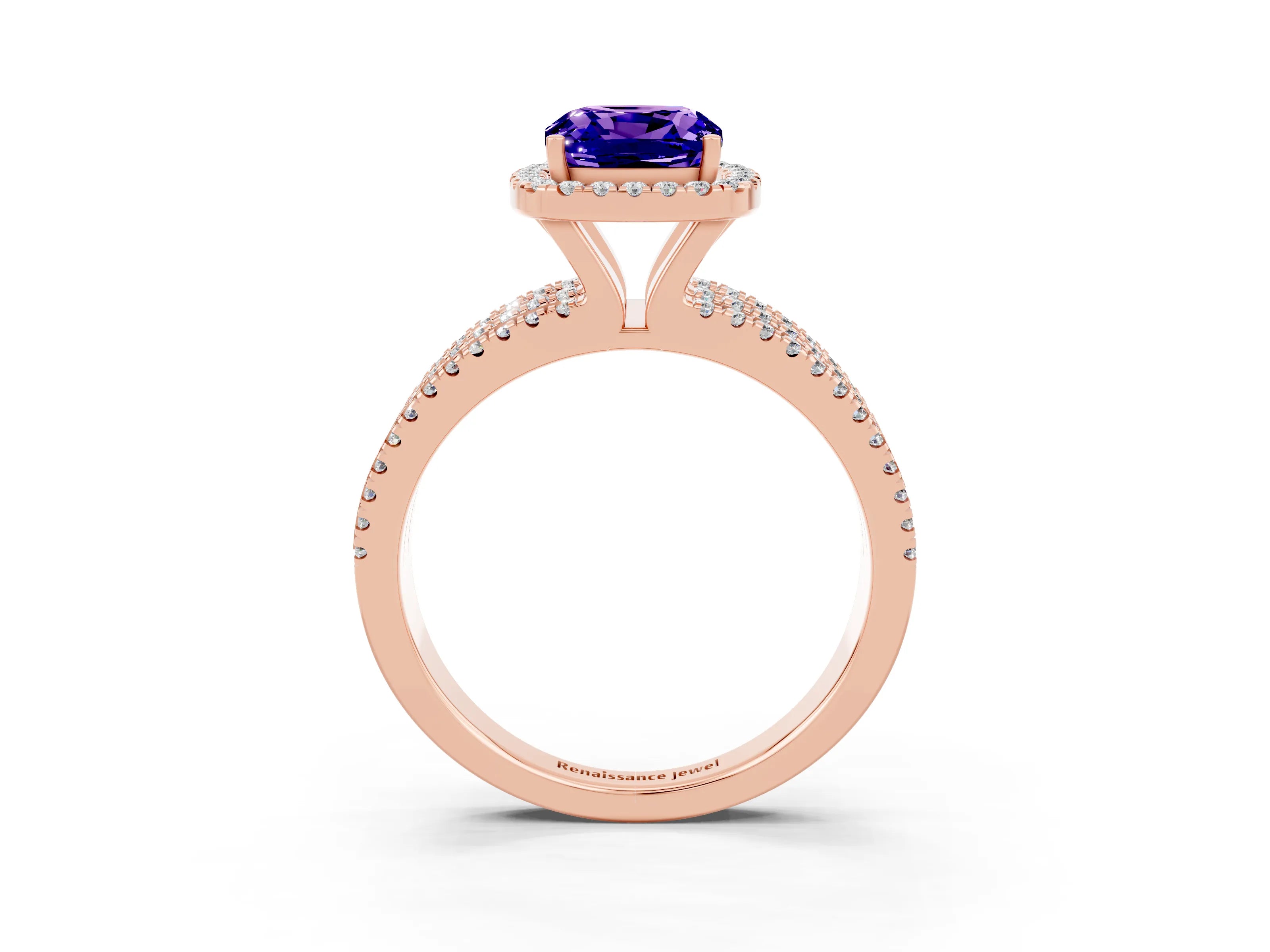 Rose gold {shape_name} Tanzanite Halo Engagement Ring with Split Shank and Four-Prong Setting_3