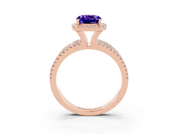 Rose gold Cushion Cut Tanzanite Halo Engagement Ring with Split Shank and Four-Prong Setting