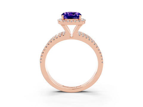 Rose gold {shape_name} Tanzanite Halo Engagement Ring with Split Shank and Four-Prong Setting_3