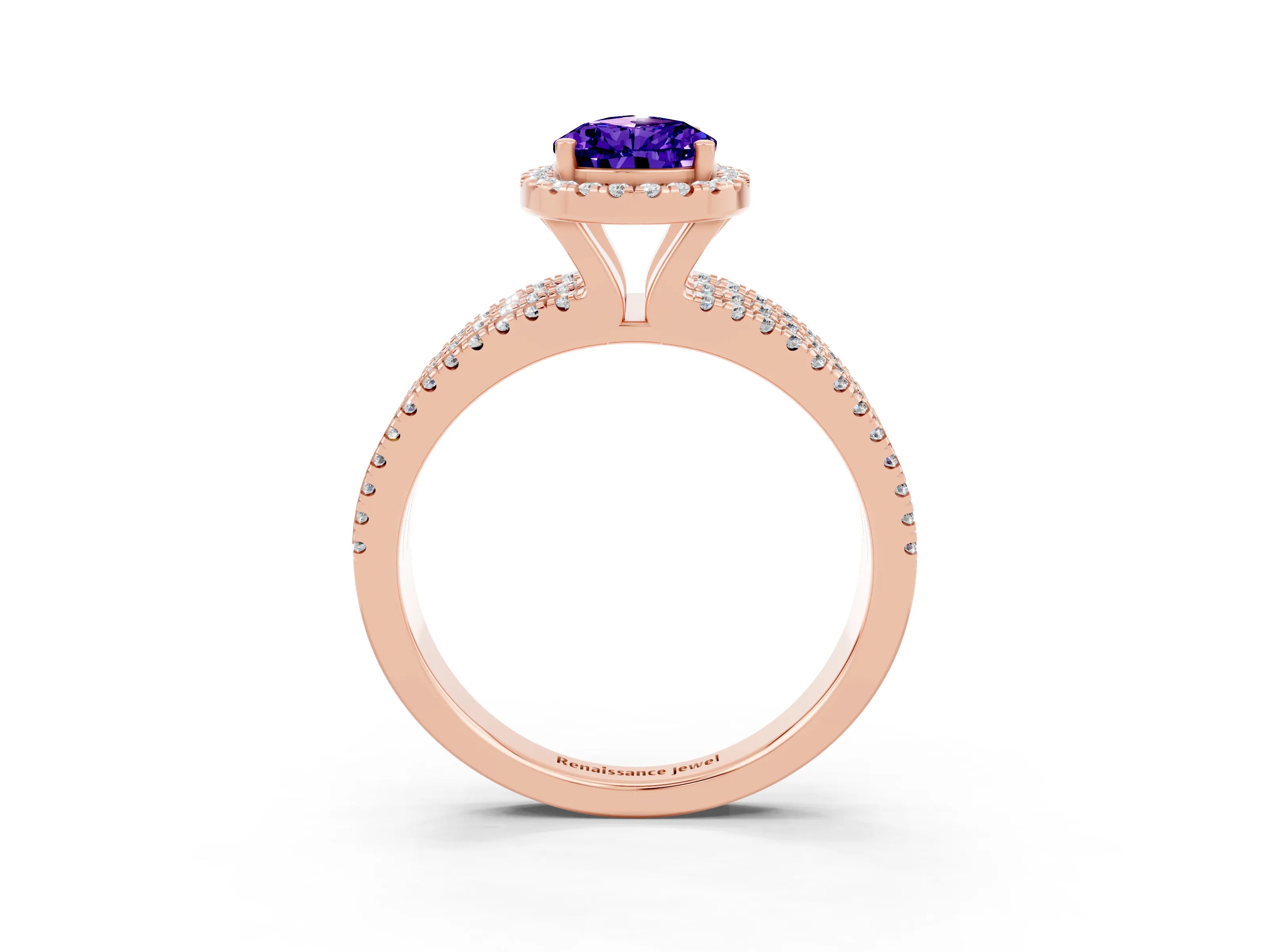 Rose gold {shape_name} Tanzanite Halo Engagement Ring with Split Shank and Four-Prong Setting_3