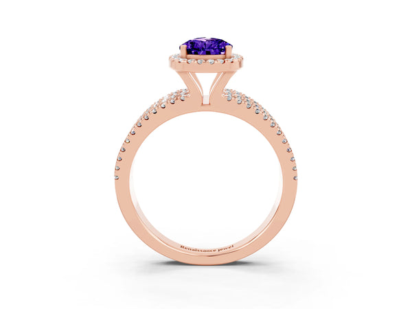 Rose gold Pear Cut Tanzanite Halo Engagement Ring with Split Shank and Four-Prong Setting