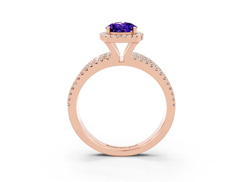Rose gold {shape_name} Tanzanite Halo Engagement Ring with Split Shank and Four-Prong Setting_3