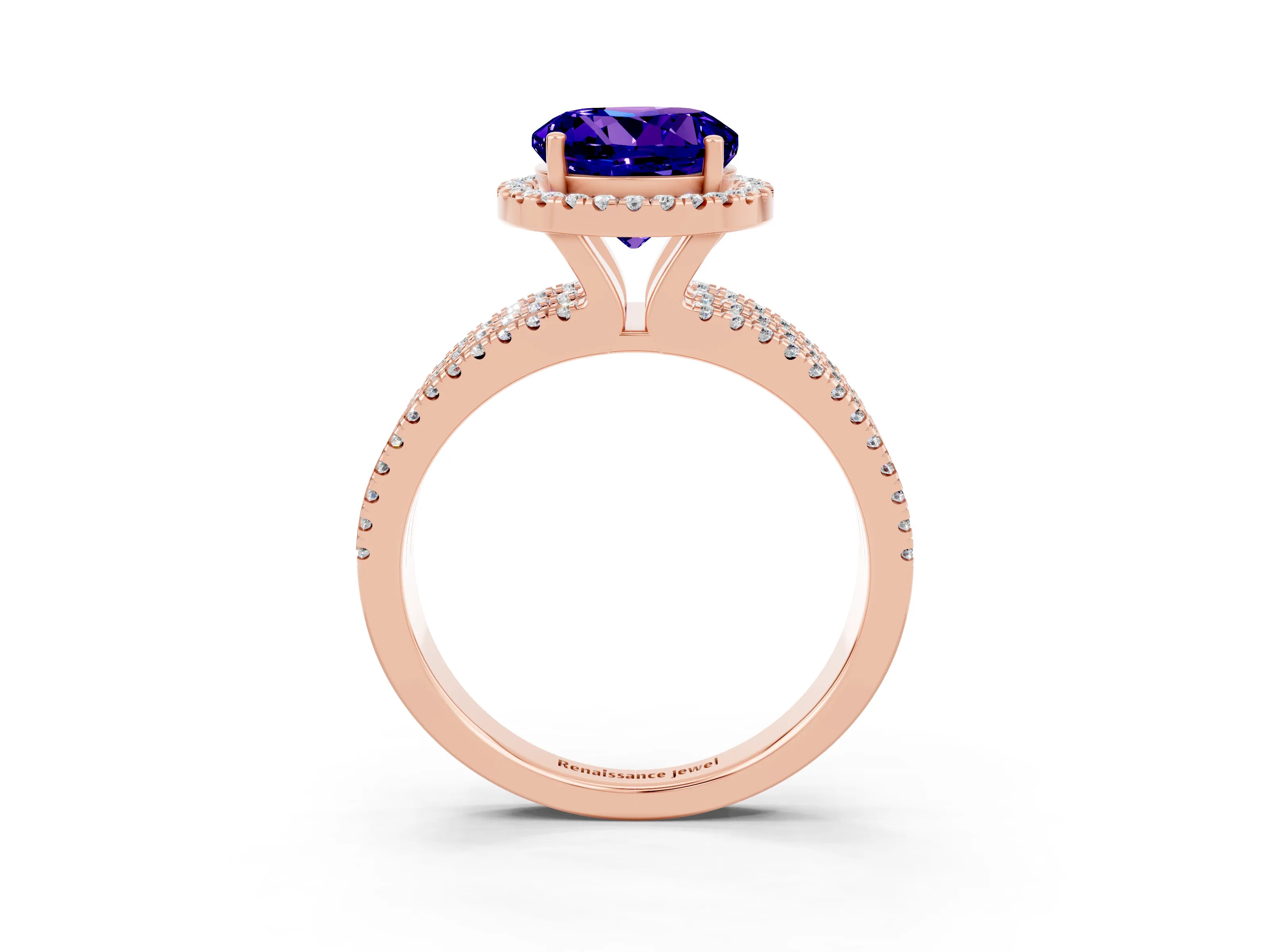 Rose gold {shape_name} Tanzanite Halo Engagement Ring with Split Shank and Four-Prong Setting_3