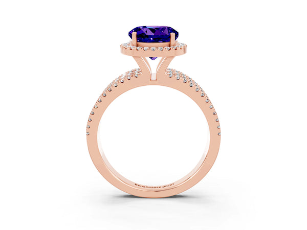 Rose gold Round Cut Tanzanite Halo Engagement Ring with Split Shank and Four-Prong Setting