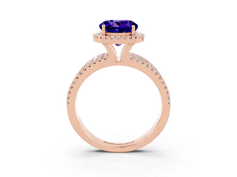 Rose gold {shape_name} Tanzanite Halo Engagement Ring with Split Shank and Four-Prong Setting_3