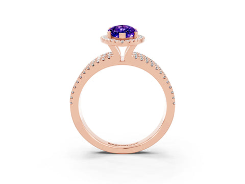 Rose gold {shape_name} Tanzanite Halo Engagement Ring with Split Shank and Four-Prong Setting_3