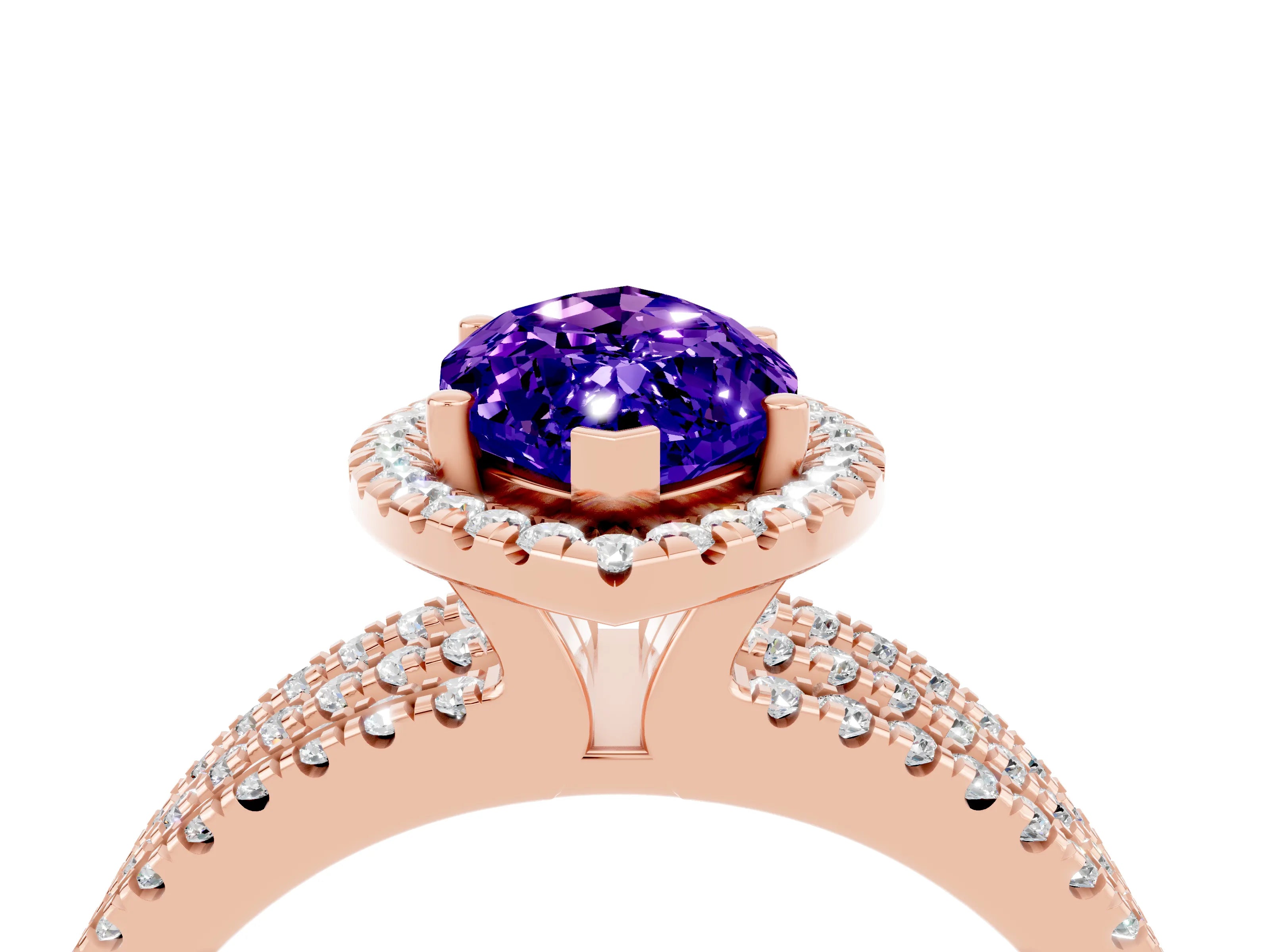 Rose gold {shape_name} Tanzanite Halo Engagement Ring with Split Shank and Four-Prong Setting_4