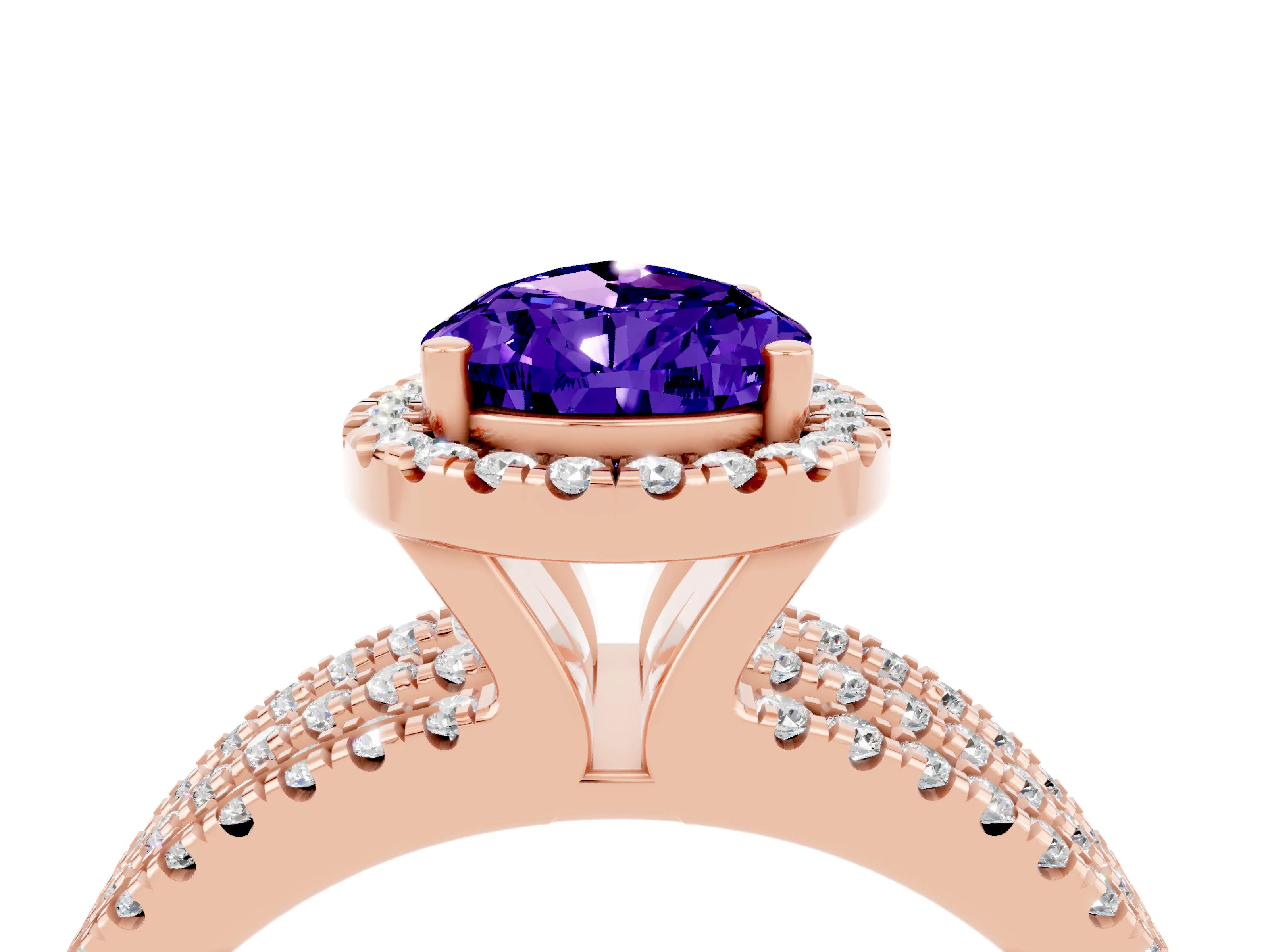 Rose gold {shape_name} Tanzanite Halo Engagement Ring with Split Shank and Four-Prong Setting_4