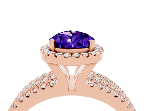 Rose gold {shape_name} Tanzanite Halo Engagement Ring with Split Shank and Four-Prong Setting_4