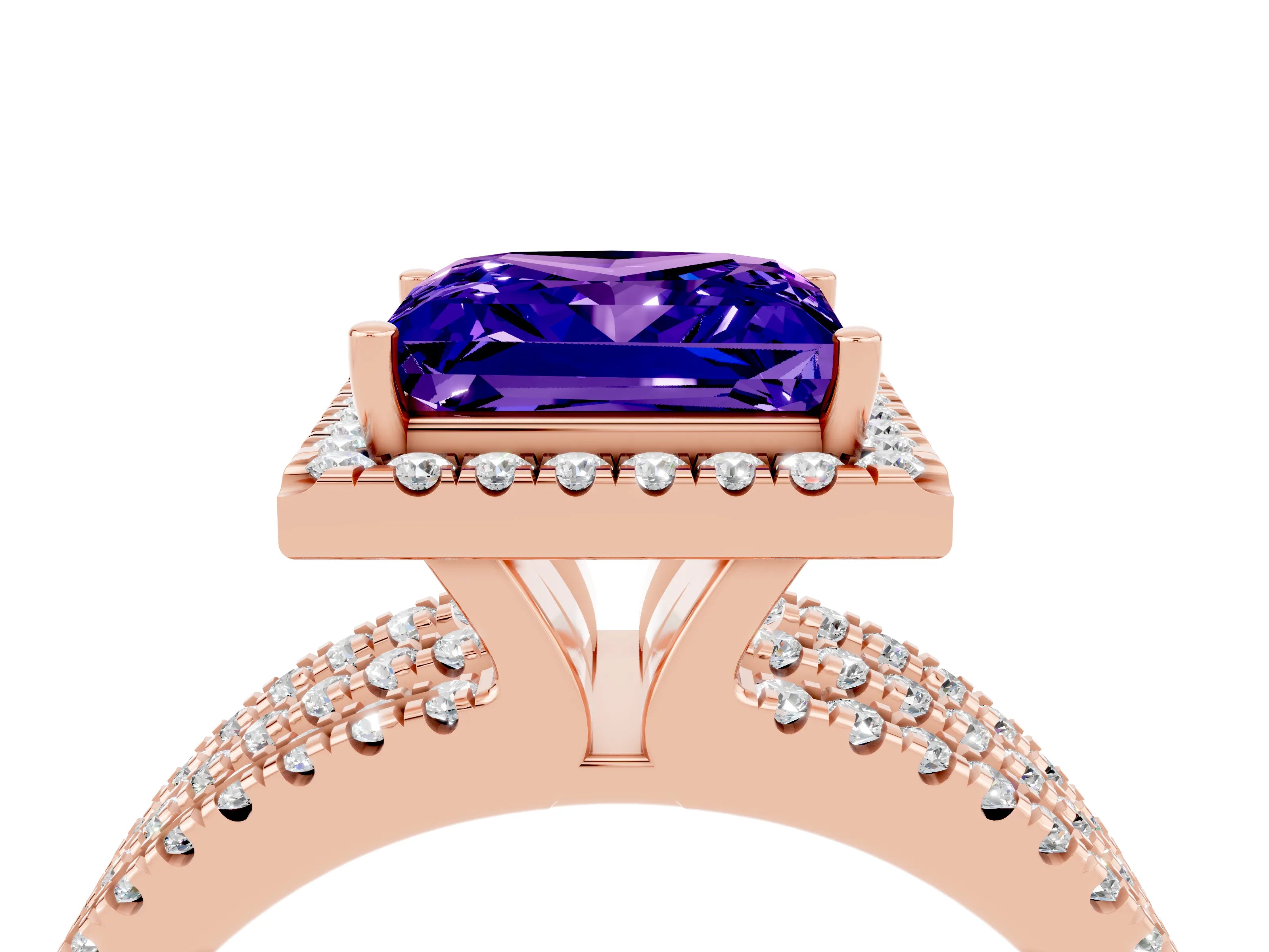Rose gold {shape_name} Tanzanite Halo Engagement Ring with Split Shank and Four-Prong Setting_4