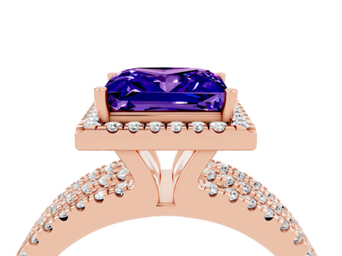 Rose gold {shape_name} Tanzanite Halo Engagement Ring with Split Shank and Four-Prong Setting_4