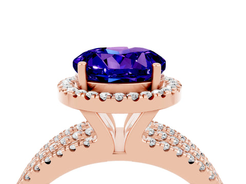 Rose gold {shape_name} Tanzanite Halo Engagement Ring with Split Shank and Four-Prong Setting_4