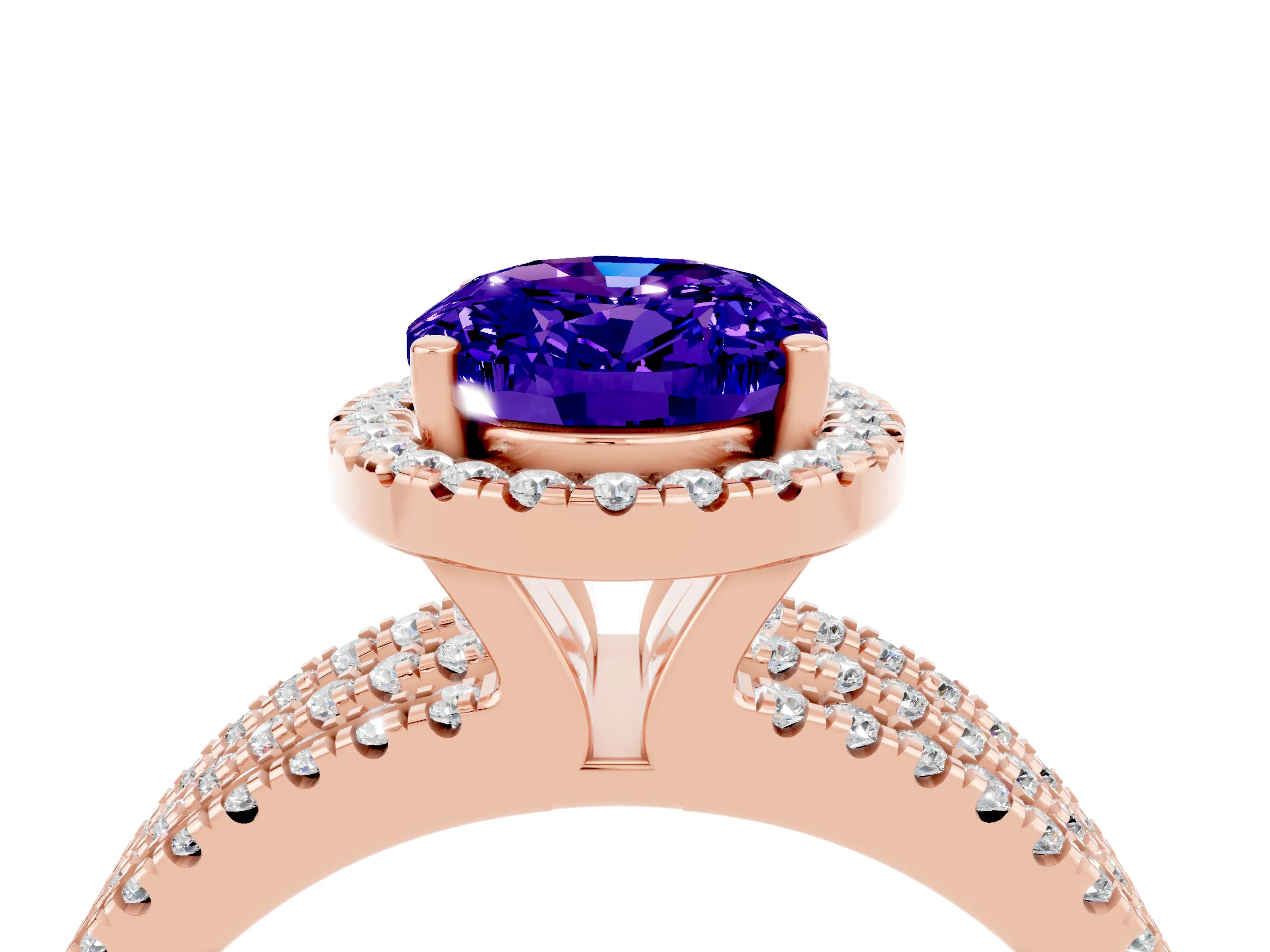 Rose gold {shape_name} Tanzanite Halo Engagement Ring with Split Shank and Four-Prong Setting_4