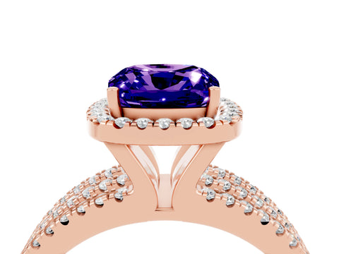 Rose gold {shape_name} Tanzanite Halo Engagement Ring with Split Shank and Four-Prong Setting_4