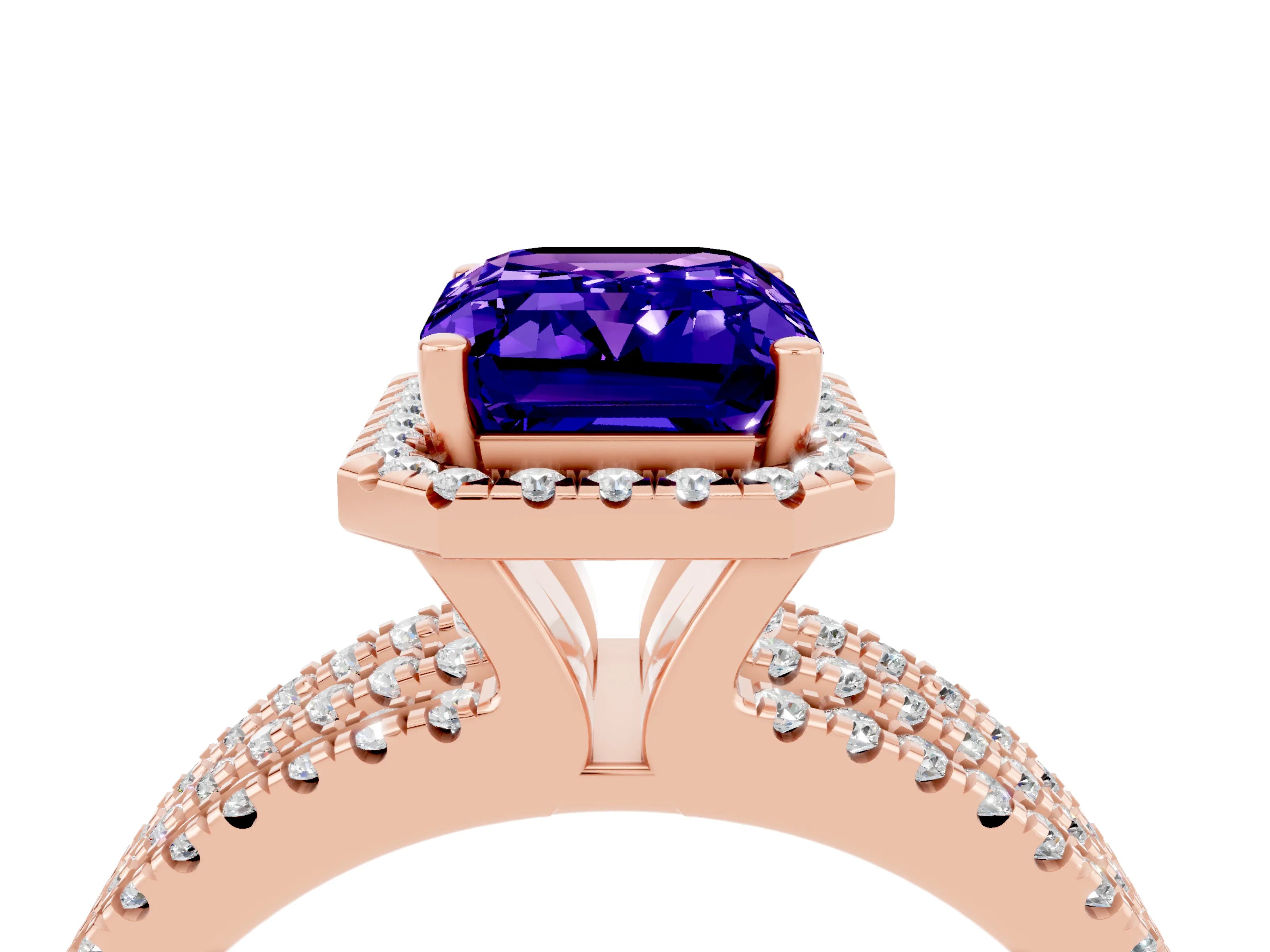 Rose gold {shape_name} Tanzanite Halo Engagement Ring with Split Shank and Four-Prong Setting_4