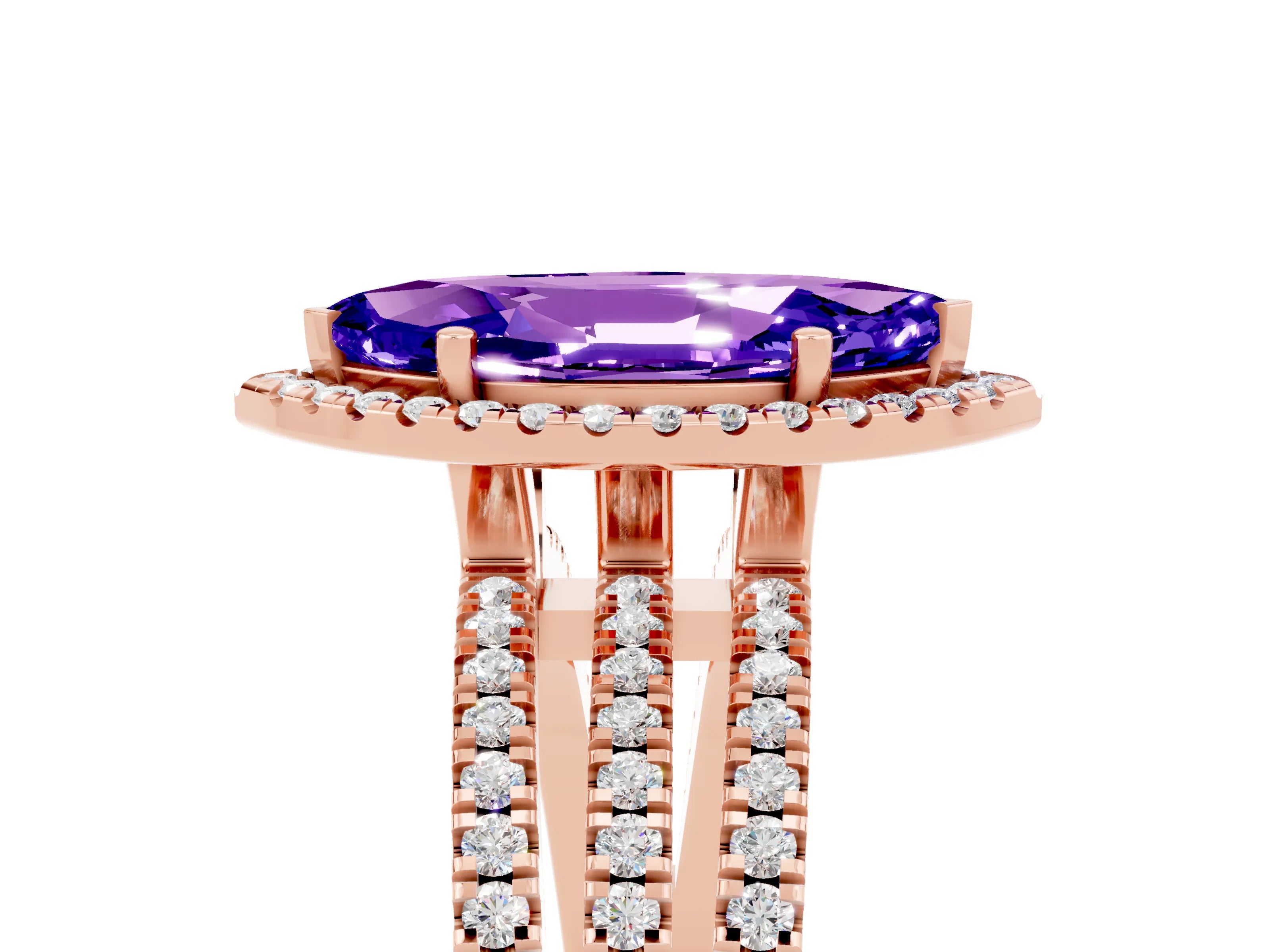 Rose gold {shape_name} Tanzanite Halo Engagement Ring with Split Shank and Four-Prong Setting_5