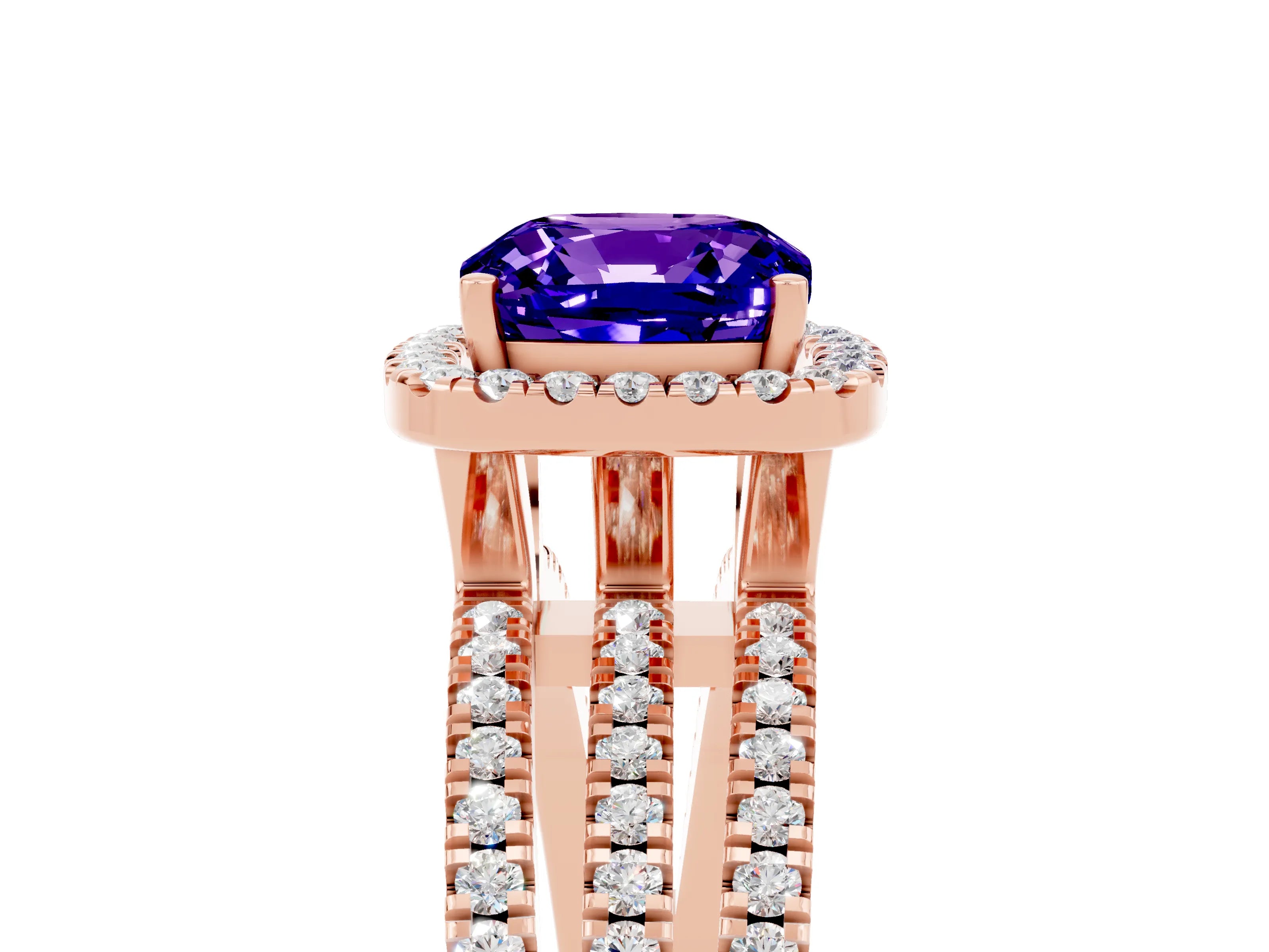 Rose gold {shape_name} Tanzanite Halo Engagement Ring with Split Shank and Four-Prong Setting_5