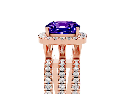 Rose gold {shape_name} Tanzanite Halo Engagement Ring with Split Shank and Four-Prong Setting_5