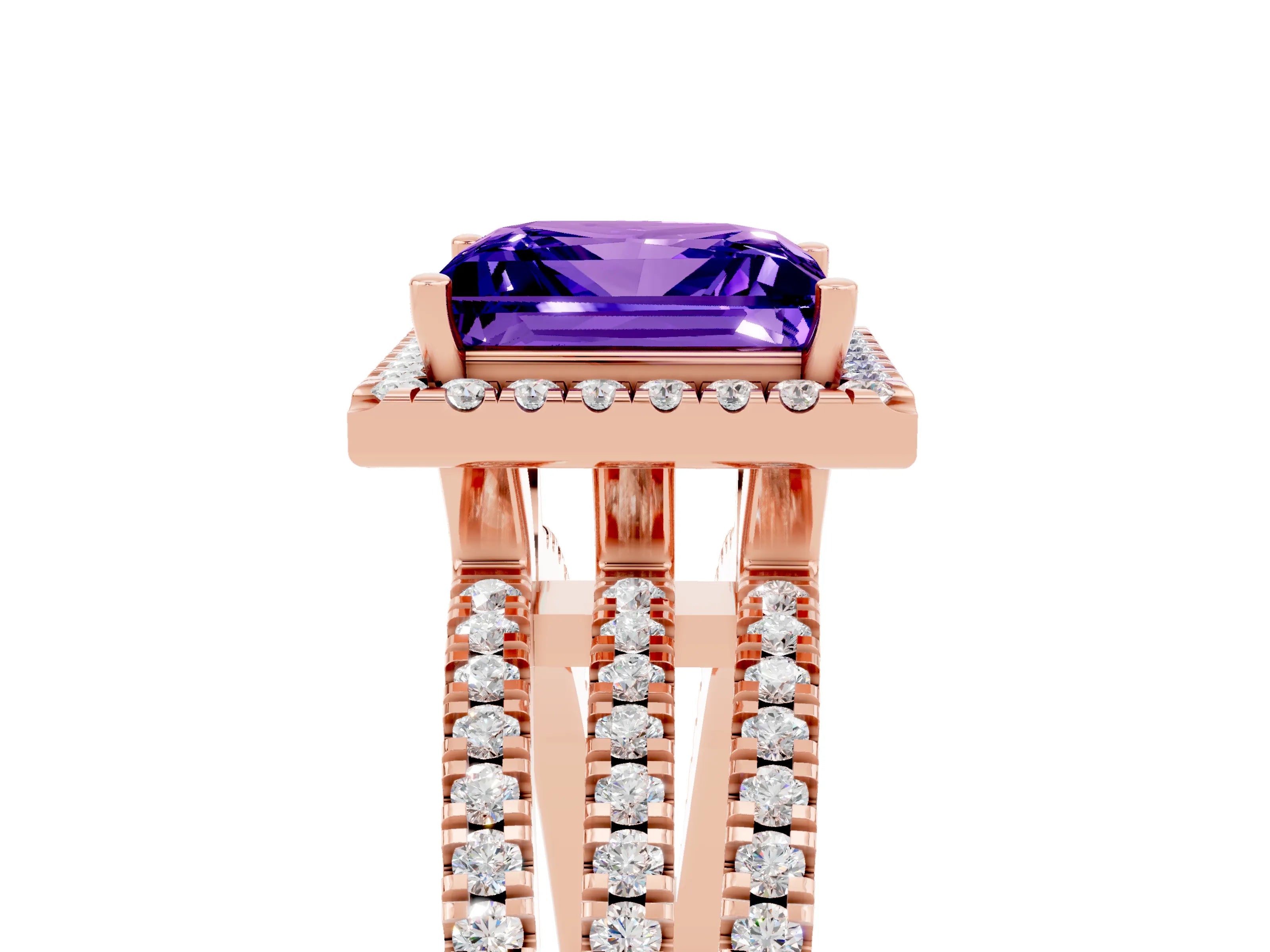 Rose gold {shape_name} Tanzanite Halo Engagement Ring with Split Shank and Four-Prong Setting_5