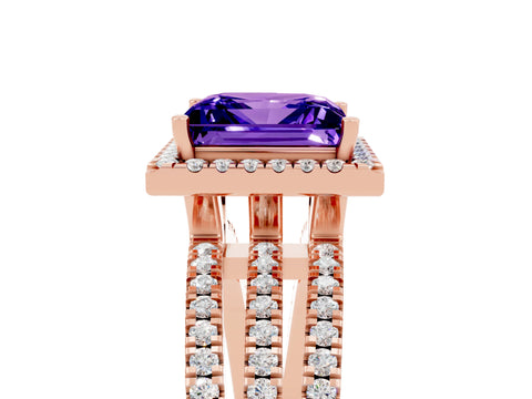 Rose gold {shape_name} Tanzanite Halo Engagement Ring with Split Shank and Four-Prong Setting_5