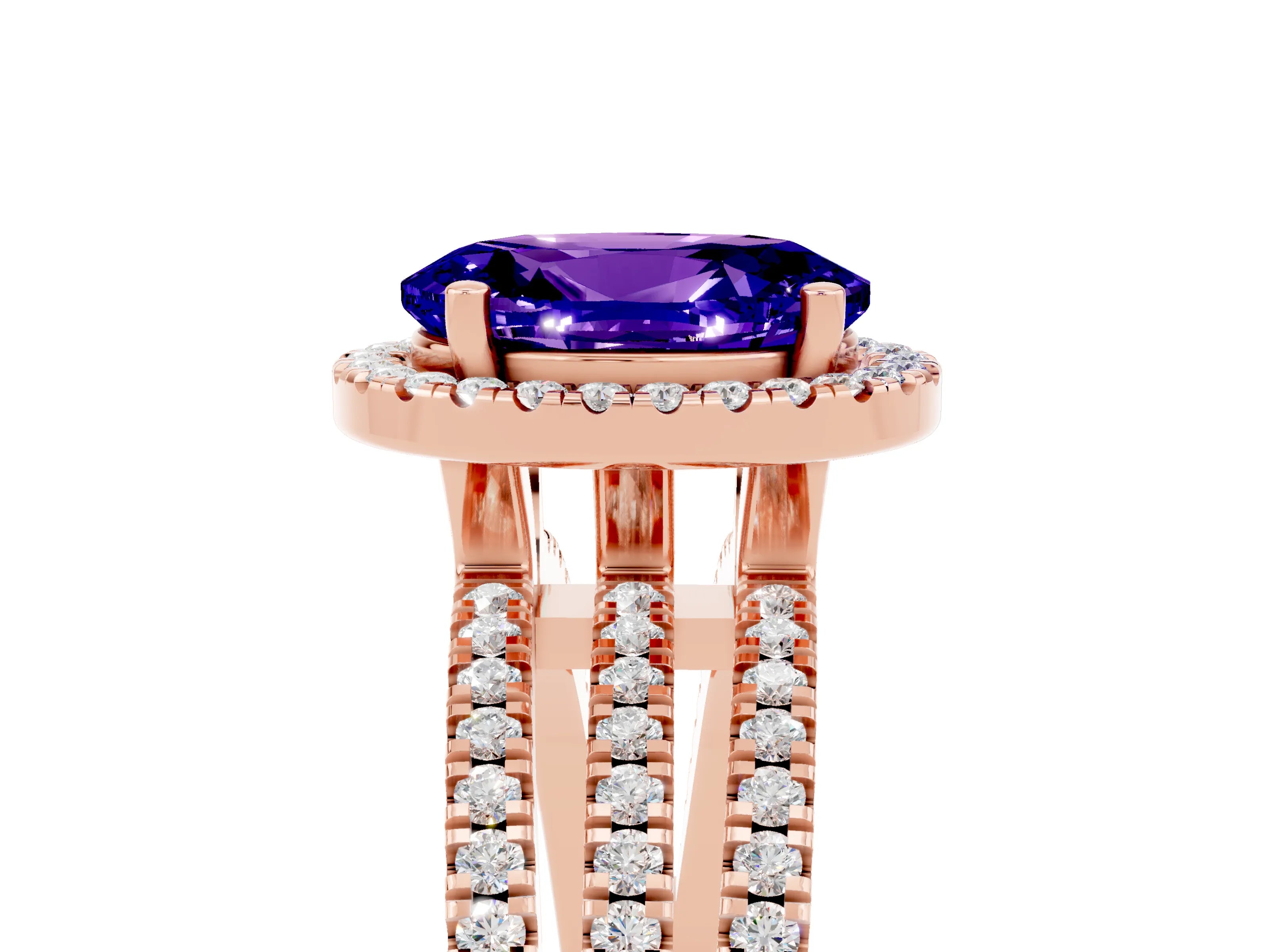Rose gold {shape_name} Tanzanite Halo Engagement Ring with Split Shank and Four-Prong Setting_5