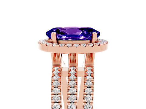 Rose gold {shape_name} Tanzanite Halo Engagement Ring with Split Shank and Four-Prong Setting_5