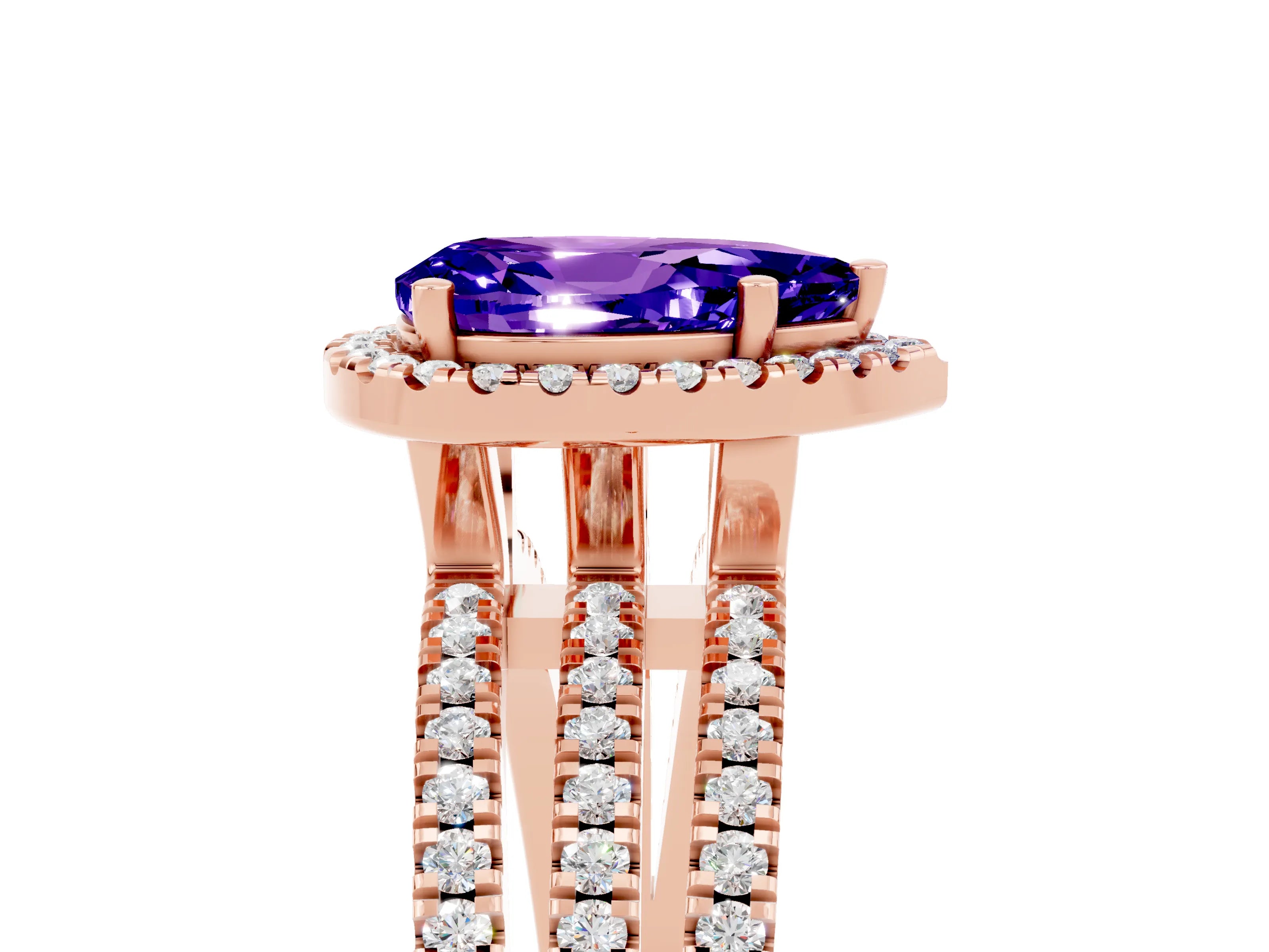 Rose gold {shape_name} Tanzanite Halo Engagement Ring with Split Shank and Four-Prong Setting_5
