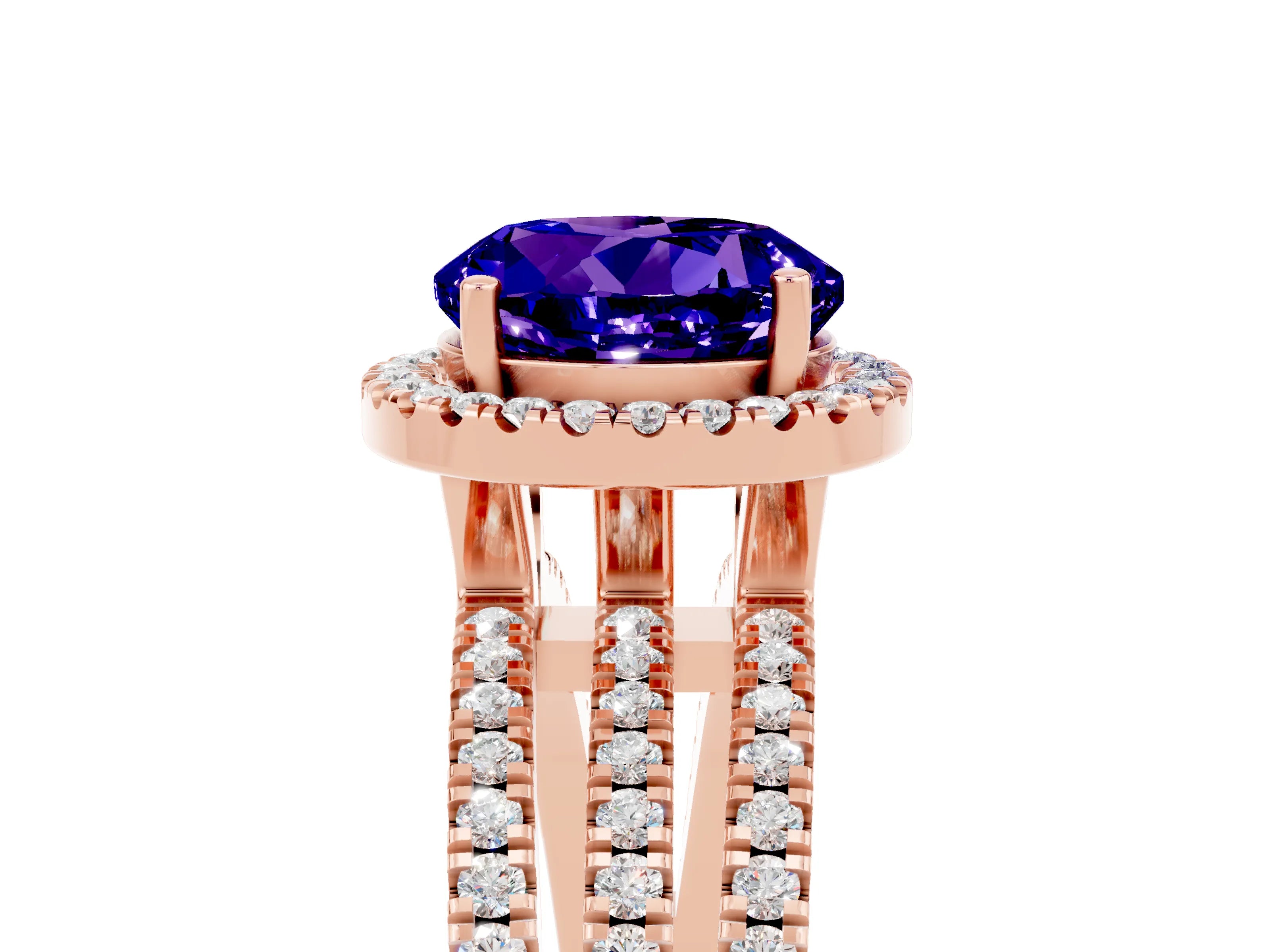 Rose gold {shape_name} Tanzanite Halo Engagement Ring with Split Shank and Four-Prong Setting_5