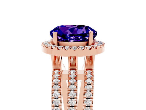 Rose gold {shape_name} Tanzanite Halo Engagement Ring with Split Shank and Four-Prong Setting_5