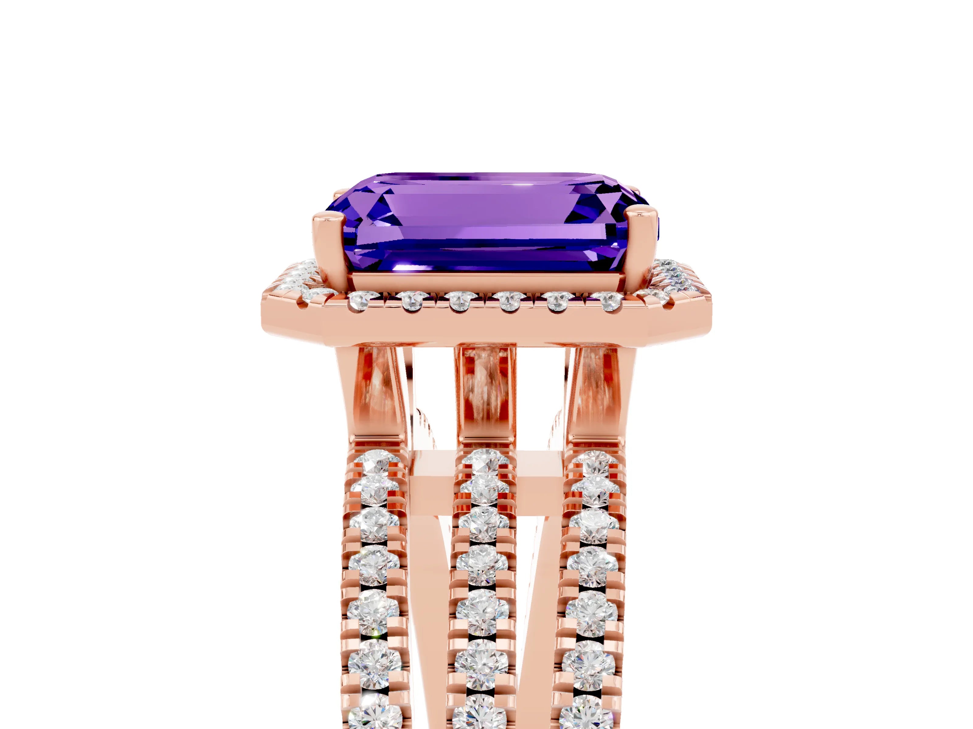 Rose gold {shape_name} Tanzanite Halo Engagement Ring with Split Shank and Four-Prong Setting_5