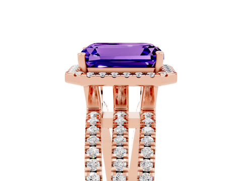 Rose gold {shape_name} Tanzanite Halo Engagement Ring with Split Shank and Four-Prong Setting_5