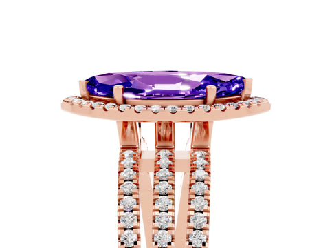 Rose gold {shape_name} Tanzanite Halo Engagement Ring with Split Shank and Four-Prong Setting_5