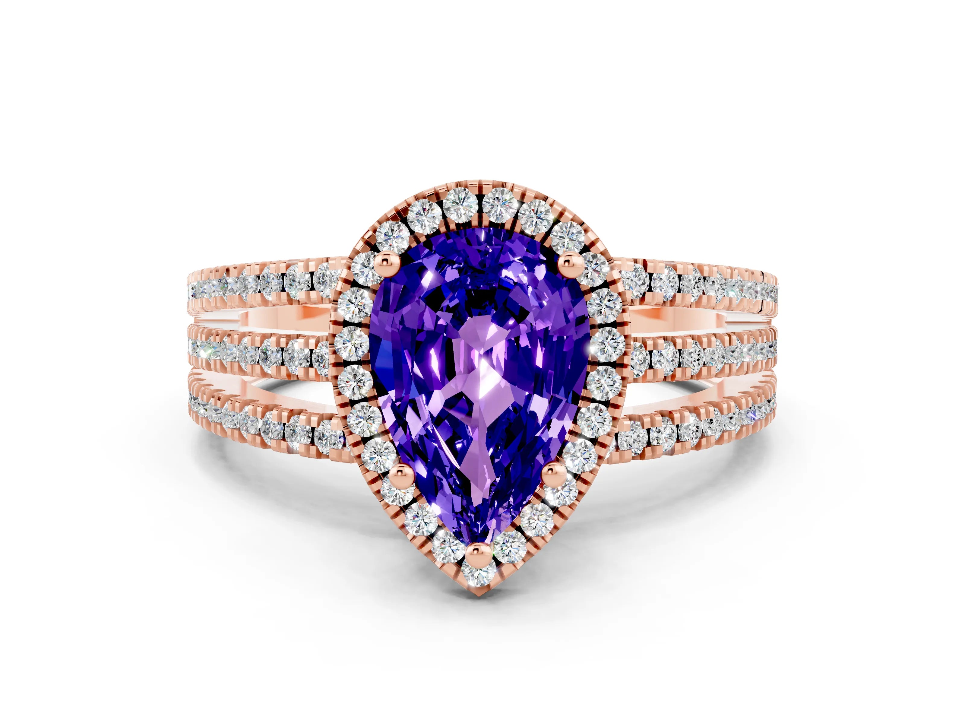 Rose gold {shape_name} Tanzanite Halo Engagement Ring with Split Shank and Four-Prong Setting