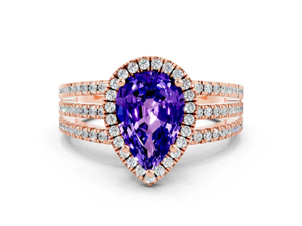 Rose gold Pear Cut Tanzanite Halo Engagement Ring with Split Shank and Four-Prong Setting