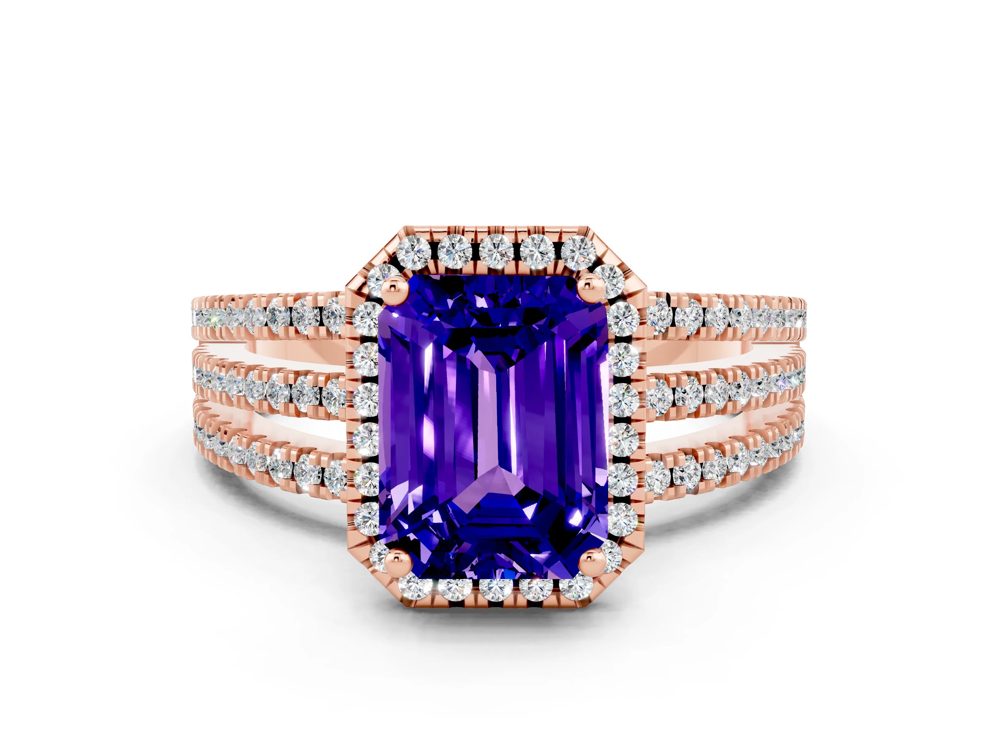 Rose gold {shape_name} Tanzanite Halo Engagement Ring with Split Shank and Four-Prong Setting