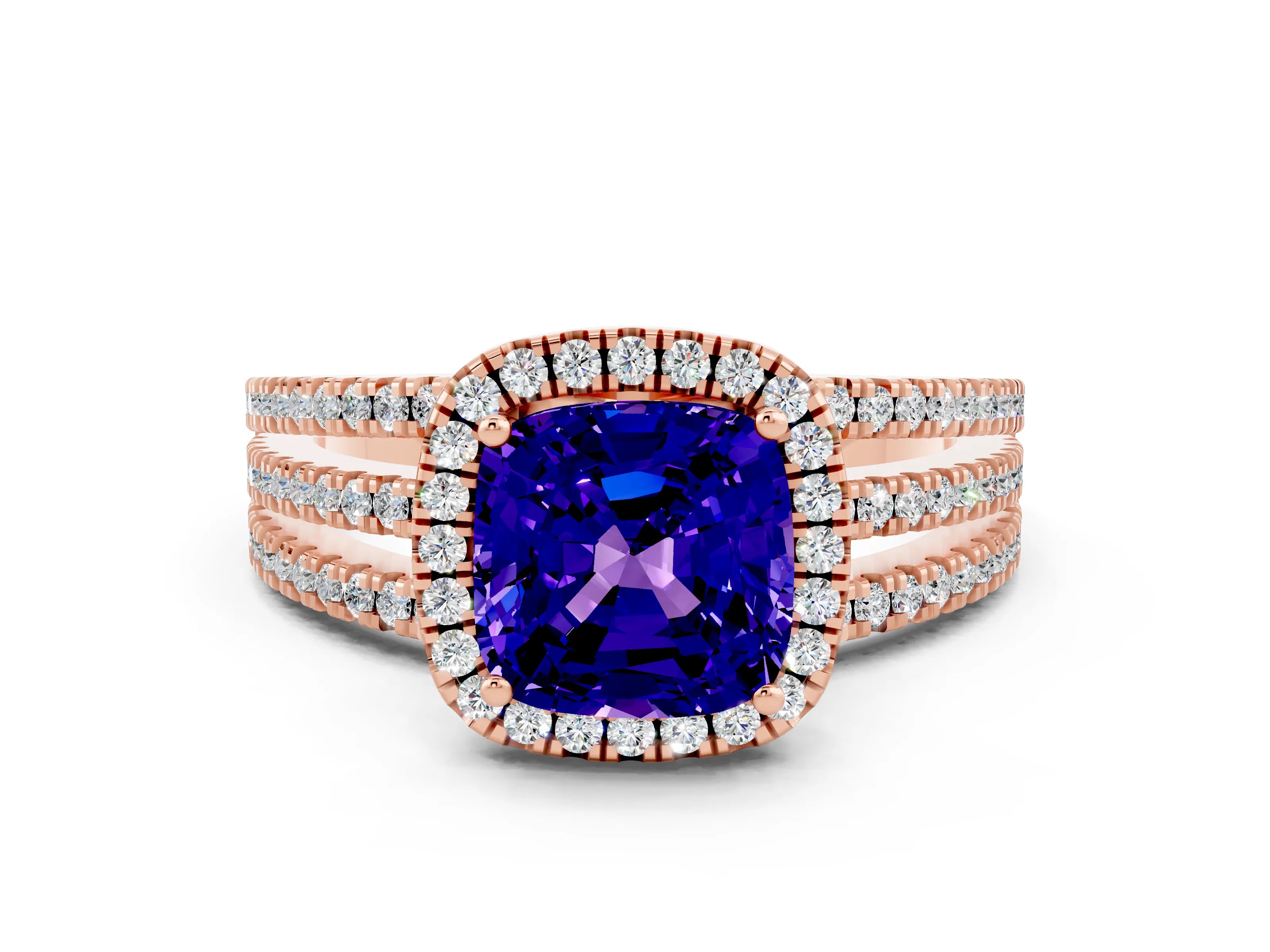 Rose gold {shape_name} Tanzanite Halo Engagement Ring with Split Shank and Four-Prong Setting