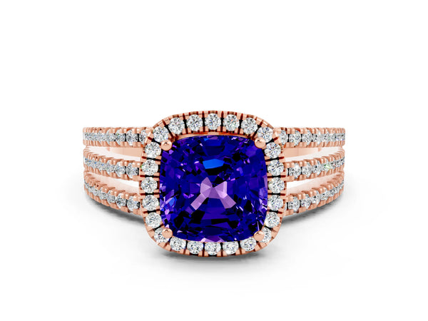 Rose gold Cushion Cut Tanzanite Halo Engagement Ring with Split Shank and Four-Prong Setting