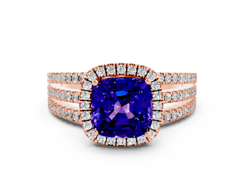 Rose gold {shape_name} Tanzanite Halo Engagement Ring with Split Shank and Four-Prong Setting