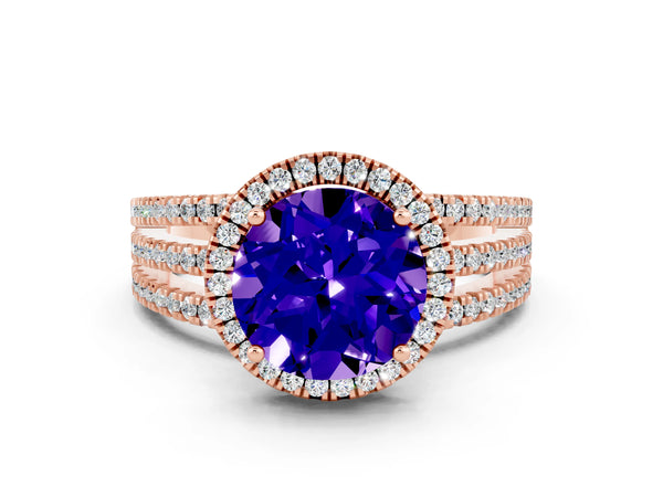 Rose gold Round Cut Tanzanite Halo Engagement Ring with Split Shank and Four-Prong Setting