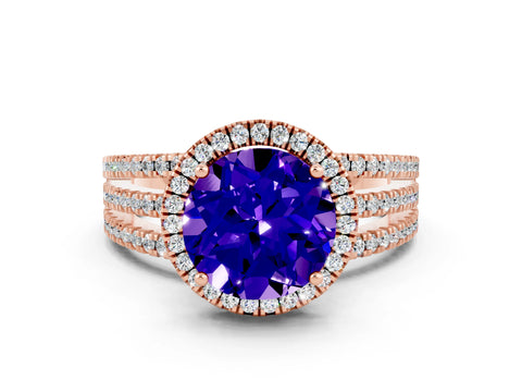 Rose gold {shape_name} Tanzanite Halo Engagement Ring with Split Shank and Four-Prong Setting